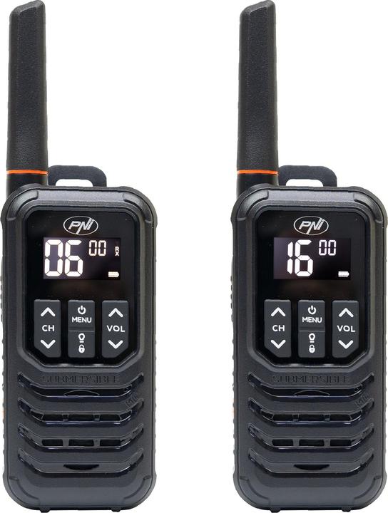 PNI Radio portatile PMR R80 PRO, set di 2, 0,5 W, 16 canali, impermeabile IP67, con torcia LED