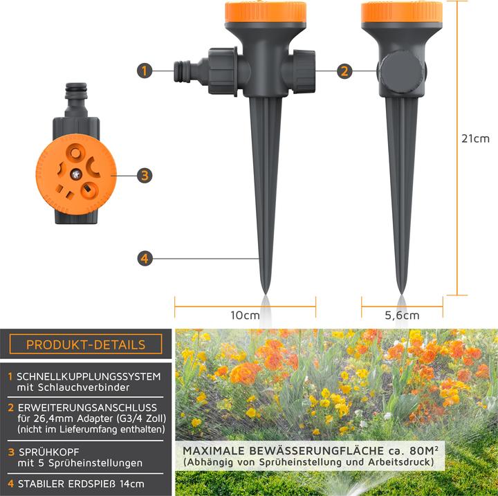 Produktbild Brandson 4x Rasensprenger 5 Fach, Versenkregner, Rasensprinkler, Flächenregner, Garten Sprinkler 4er Set (Versenkregner)