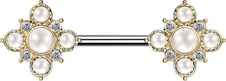 Produktbild Star Piercing Barbell vergoldet Vintage Blume mit Perlen (Chirurgenstahl 316L, Messing)