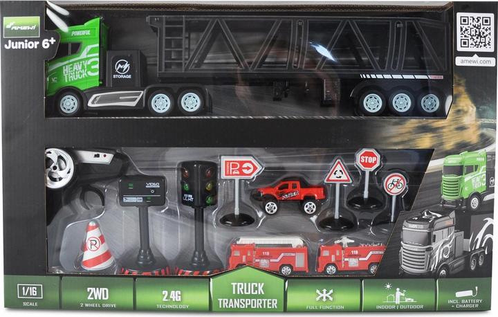 Immagine prodotto Amewi Camion semirimorchio con rimorchio per il trasporto di auto 1:16, RTR (RTR pronto all'uso)
