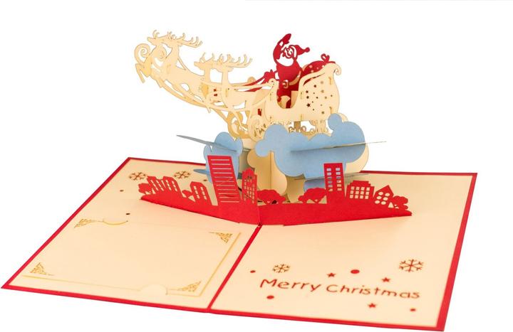 Immagine prodotto Hervorragend 3D Pop-up Karte Nikolaus mit Rentierschlitten Merry Christmas rot (1 pz.)