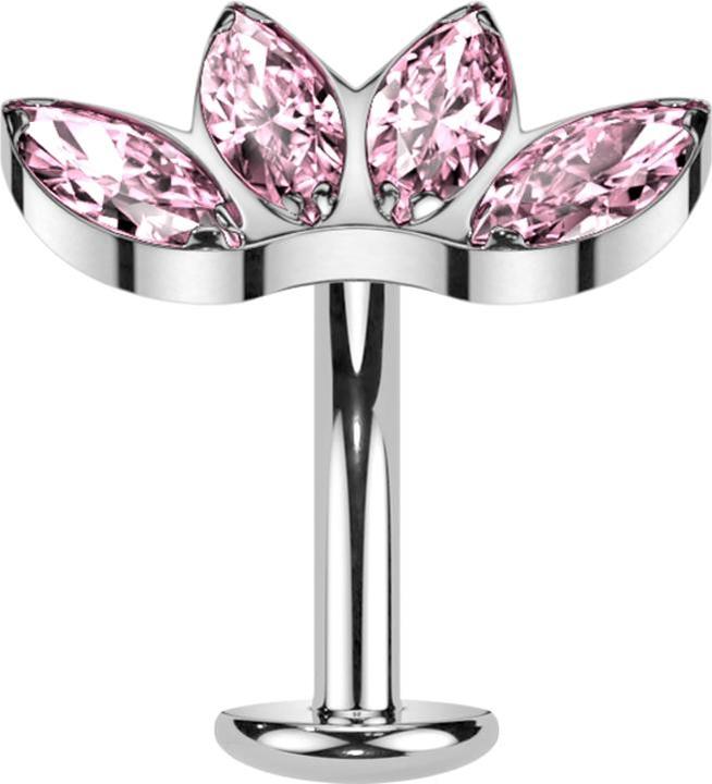 Star Piercing Threadless Labret-Stab Banane silber Fächer silber mit vier Kristallen pink (Titan G23)