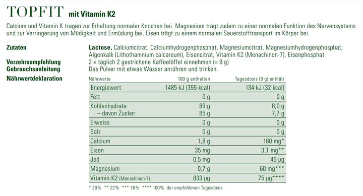 Nährwerte und Zutaten Phytomed Infit Topfit Complex + Vitamin K2 (1 Stück, Pulver, 500 g)