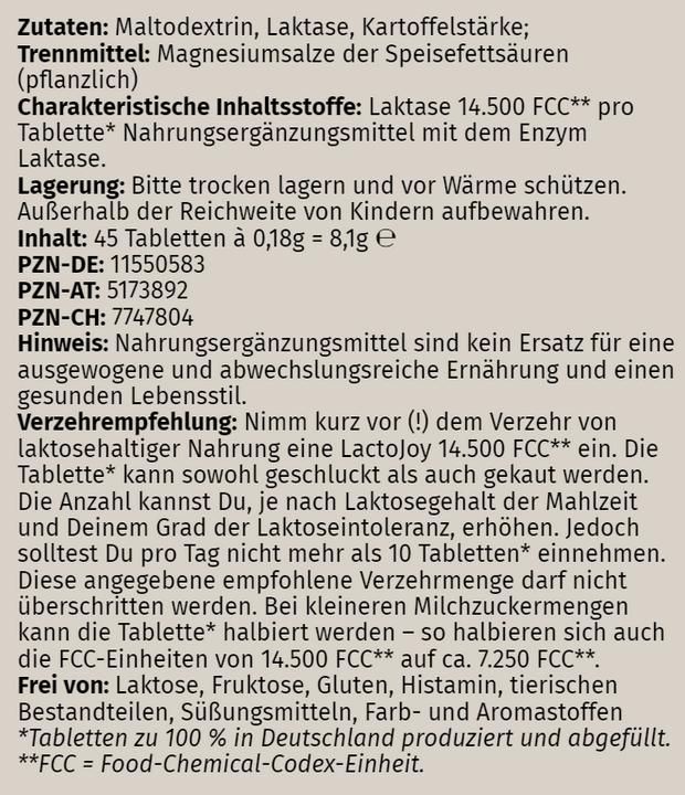 Valeurs nutritives et ingrédients Lactojoy Laktase (45 pièce(s), Cachets)