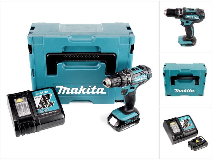 1x Makita DHP 482 cordless impact drill, 1x Makita BL 1820 B 18 V 2.0 Ah battery, 1x Makita DC 18 RC quick charger, 1x Makita Makpac, 1x universal insert