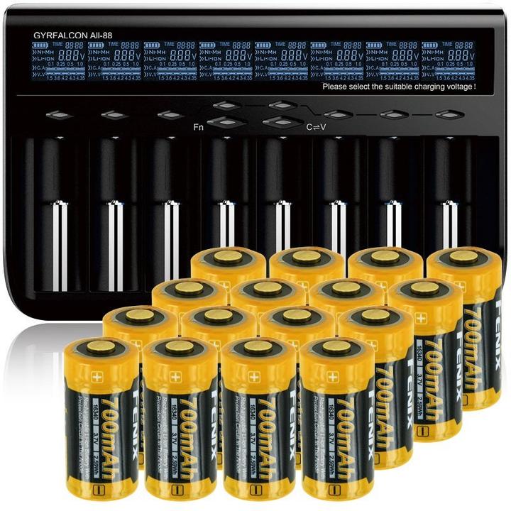 Produktbild AccuCell 8fach Schnell-Ladegerät und 16 Stück CR123A Li-ion Akku (1 Stk., CR123A, 760 mAh, Ladegerät inkl. Akku)