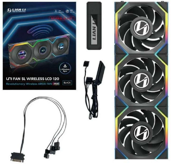Produktbild Lian-Li UNI FAN SL Wireless LCD Lüfter, ARGB, PWM, 3er-Pack inkl. Controller - Reverse Blade, 120 mm (120 mm, 3 x)