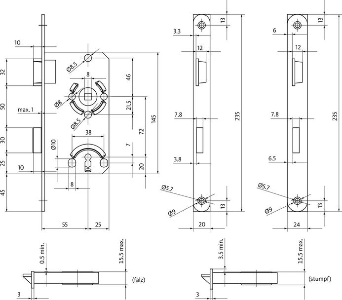 Actual product image BKS Room door mortice lock 0215 BB 20/ 55/72/8 mm DIN left silver crowned class 1 plastic (Mortise lock)