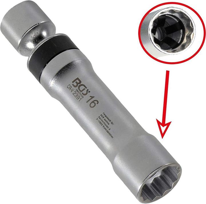 Actual product image BGS Zündkerzen-Gelenkeinsatz Zwölfkant mit Haltefeder Antrieb Innenvierkant 10 mm (3/8") SW 16 mm