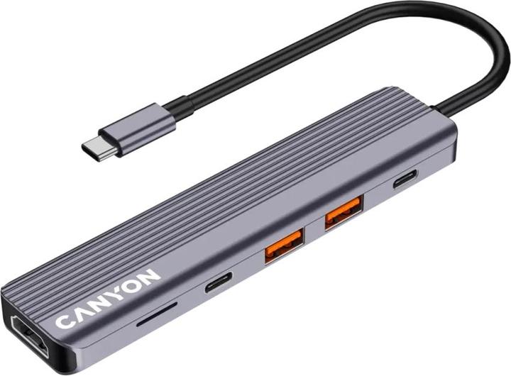 Produktbild Canyon USB-6-in1 HUB USB-C > HDMI/2xUSB-A/SD/1xUSB-C 100W retail (USB-C, 6 Ports)