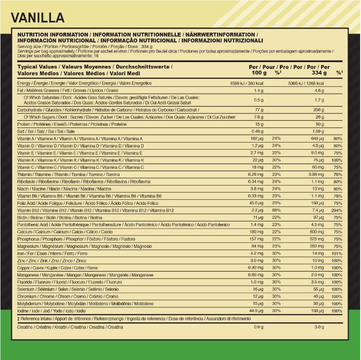 Valeurs nutritives et ingrédients Optimum Nutrition Serious Mass (Boissons sportives en poudre, Vanille, 1 pcs, 2727 g)
