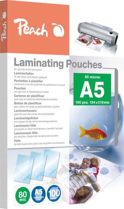 Produktbild Peach Laminierfolie A5, 80 µm, 100 Stück, Glänzend (A5, 100 Stück, 80 µm)