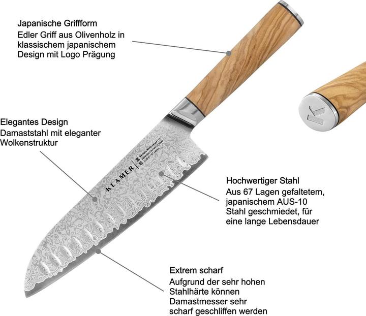 Actual product image KLAMER Santoku Damastmesser Olive 18 cm Kochmesser (18 cm)