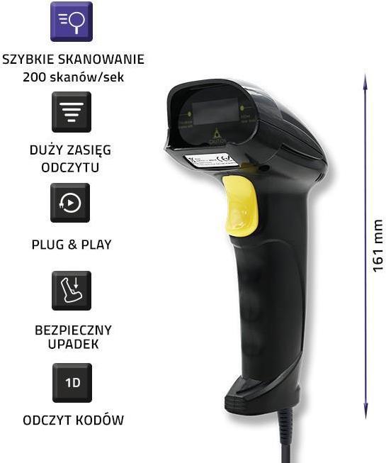 Immagine prodotto Qoltec Scanner laser per codici a barre 1D | USB | Nero (Codici a barre 1D)