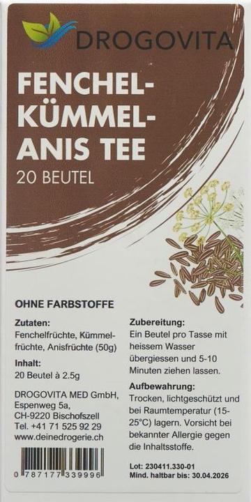Nährwerte und Zutaten Drogovita Fenchel-Kümmel-Anis Tee (82 g)