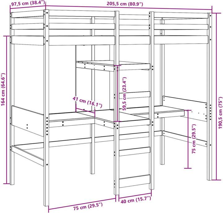 Image du produit VidaXL Lit mezzanine avec bureau & rangements (90 x 200 cm)