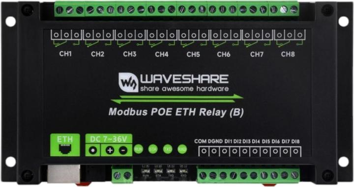 Produktbild WaveShare 8-Kanal Relais (B) PoE Ethernet Modul RTU/Modbus TCP Protokoll