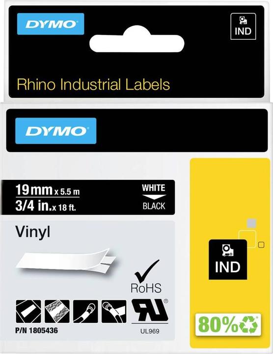 Dymo Rhino 19mm weiß auf schwarz Vinyl (1.90 cm, Schwarz)