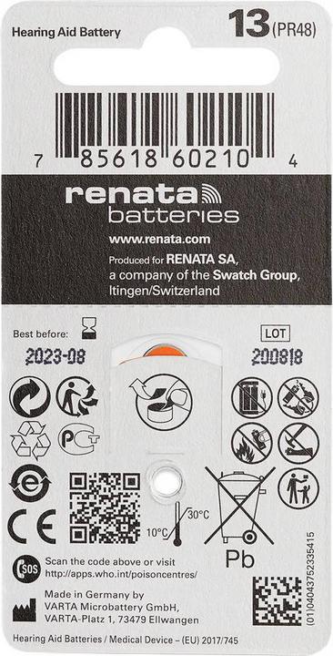 Immagine prodotto Renata Hörgeräte-Batterien ZA13.DP6 0%HG (6 pz., ZA13 GP, 305 mAh)