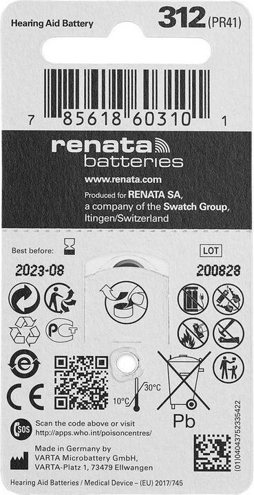 Produktbild Renata Hörgeräte-Batterien ZA312.DP6 0%HG (6 Stk., A312, 165 mAh)