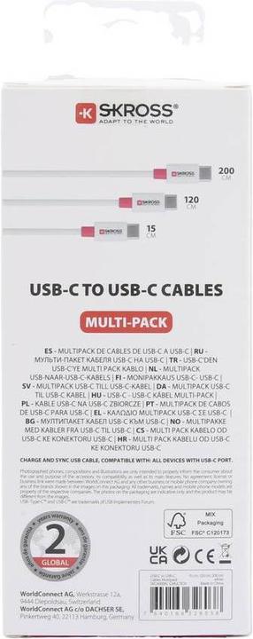 Actual product image Skross USB Cable USB-C to USB-C Cables 2.0 Multipack, 0.15m / 1.2m / 2.0m wt (0.15 m, USB 2.0)