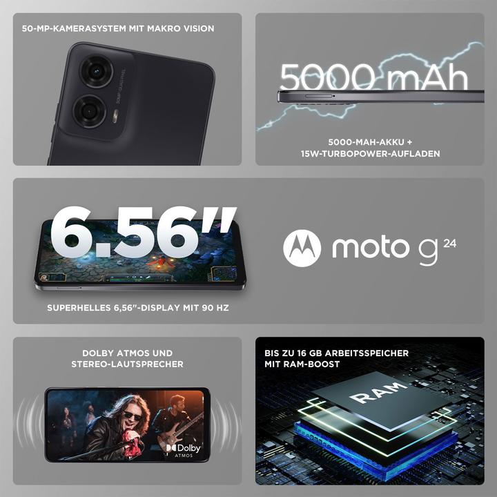 Produktbild Motorola moto g24 (128 GB, Matte Charcoal, 6.56", Dual SIM, 50 Mpx, 4G)