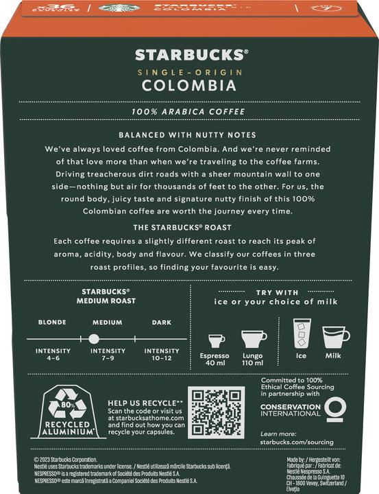 Nutritional values and ingredients Starbucks Colombia (36 x Port.)