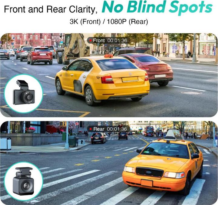 Immagine prodotto Botslab Dash + Rear Camera G500H Pro, 3K, GPS, Wi-Fi, LCD da 3 pollici, nero (Display integrato, Ricevitore GPS, WiFi, Full HD)