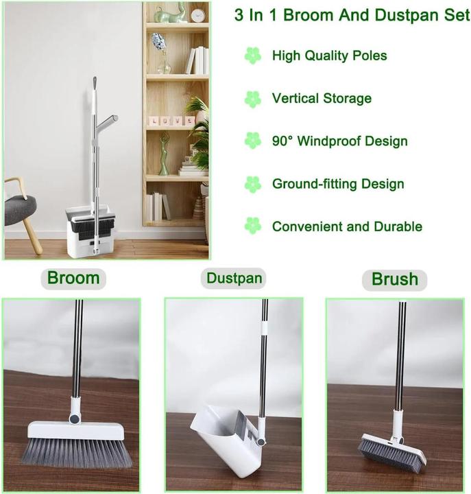 Immagine prodotto Plutoos 3 in 1 Besen und Kehrschaufel Set mit langem Stiel, 90 Grad Windschutz Design