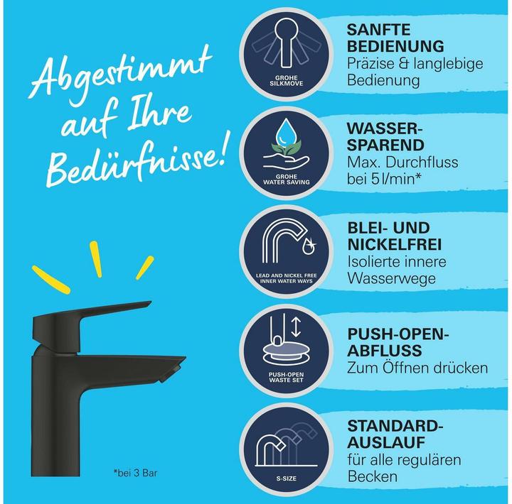 Image du produit Grohe Start QuickFix robinet pour lavabo, S-Size, Push-Open, économie d'énergie, noir mat