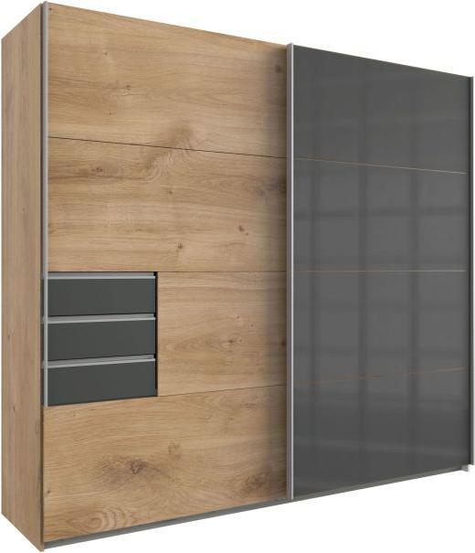 Tiroirs Graphite, Imitation chêne à planches, façade de porte continue verre gris