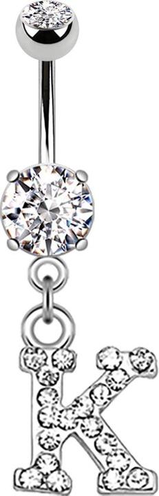 Star Piercing Banane silber mit Anhänger Kristall Buchstabe K (Messing, Chirurgenstahl 316L)