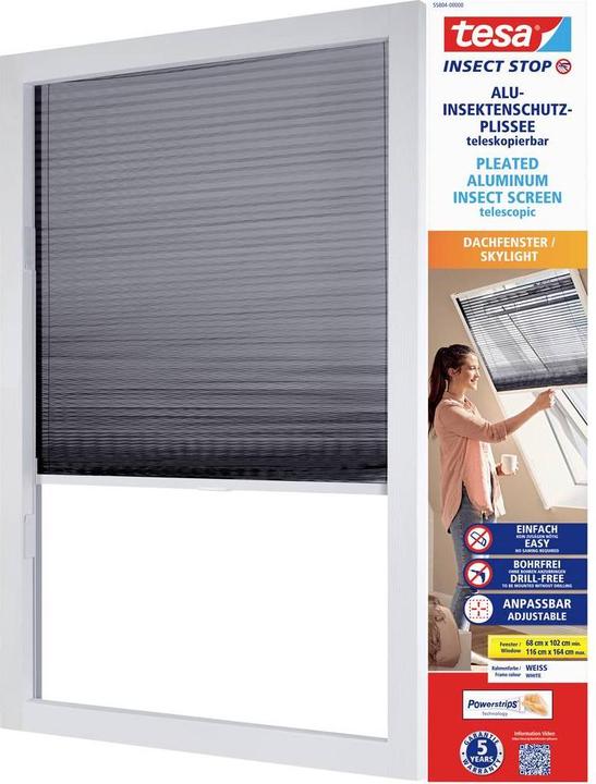 Image du produit tesa Moustiquaire plissée en aluminium pour fenêtre de toit, store à enroulement, télescopique, montage (164 x 102 cm)