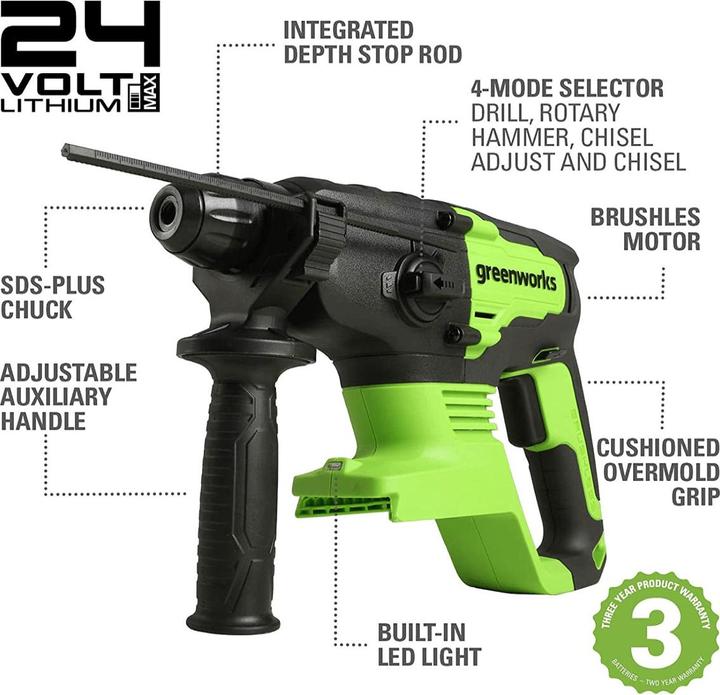 Actual product image Greenworks 24V hammer drill GD24SDS2 - 3803007 (Rechargeable battery operated)