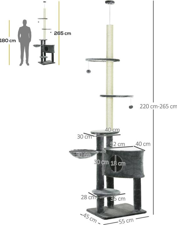 Immagine prodotto PawHut Albero per gatti con grotta (260 cm, Grigio scuro)
