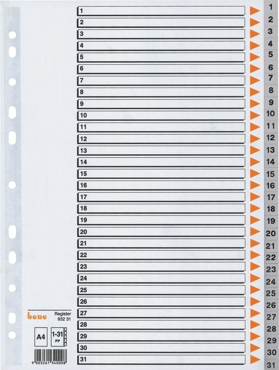 Image du produit Bene Intercalaires pour classeurs plein format 1-31 gris 31 pièces, 1 jeu