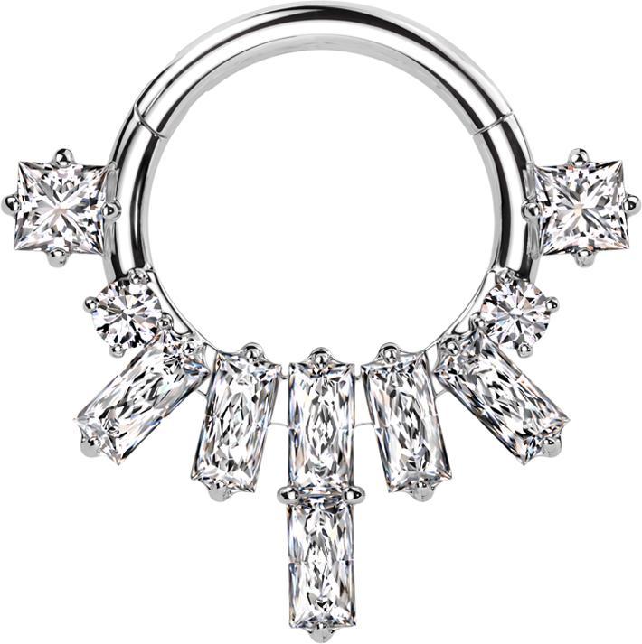 Star Piercing Micro Segmentring klappbar silber Prinzess Kristalle mit zwei runden und eckigen Kristalle (ohne Messing, Chirurgenstahl 316L)