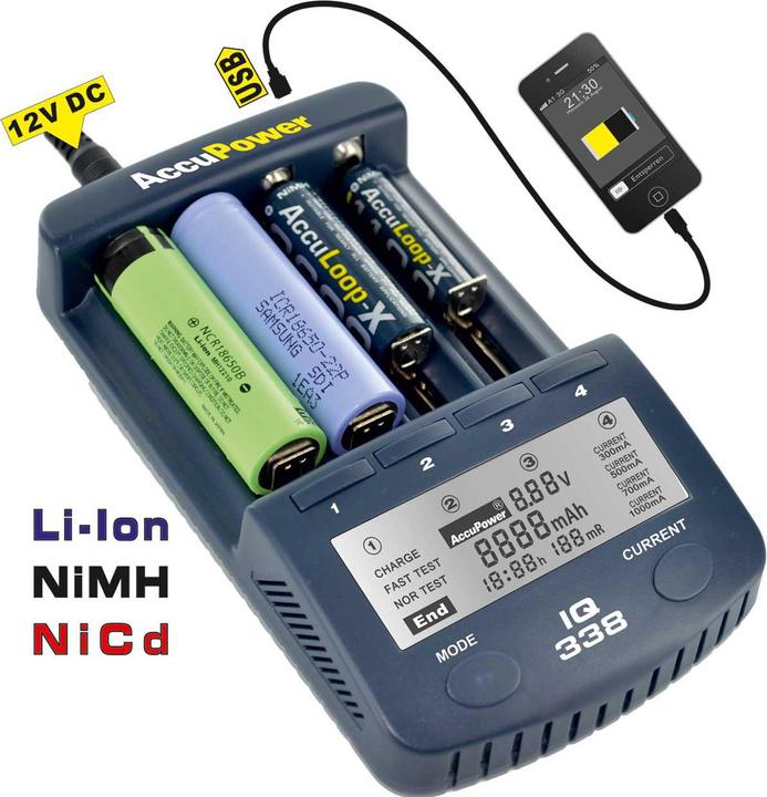 Actual product image AccuPower Round Cell Charger NiCd, NiM (14500, 18650, AA, CR123A, Battery + charger)