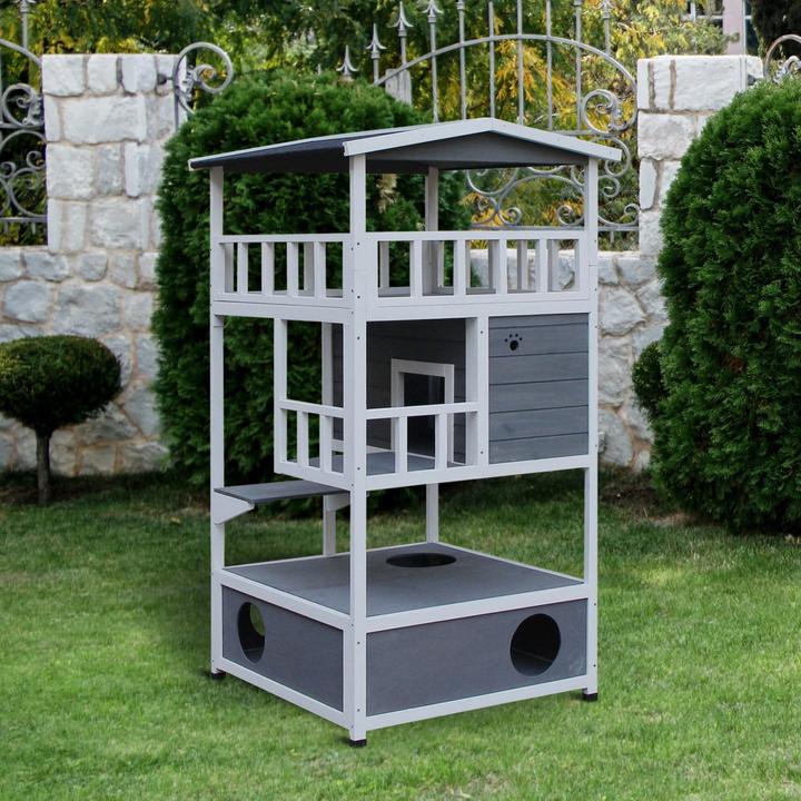 Immagine prodotto PawHut Rifugio per gatti da esterno con terrazza, 4 piani, resistente all'inverno, grigio, 75,5x75x137cm (137 cm, Grigio scuro Bianco)