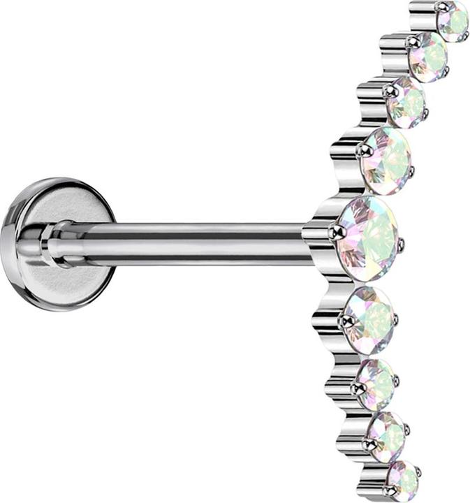 Star Piercing Micro Threadless Labret silber gebogen silber neun runde Kristalle multicolor (Titan G23, ohne Messing)