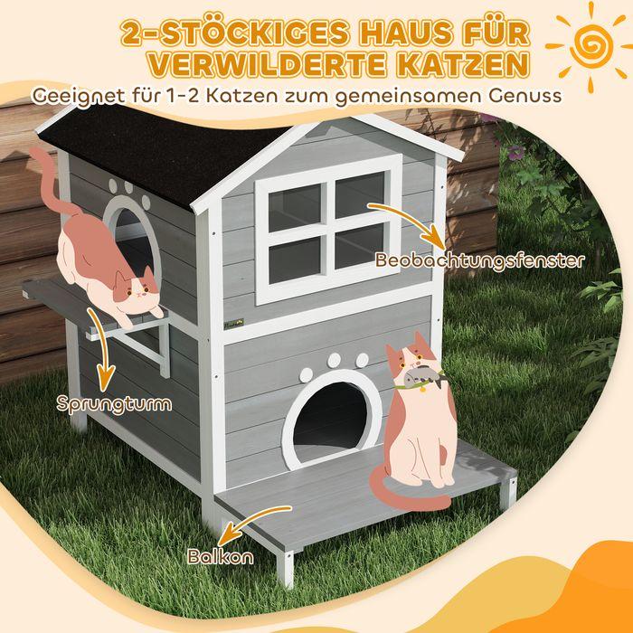 Actual product image Swisshandel24 Katzenhaus aus Holz Katzenhöhle mit Fenster, Balkon für Indoor, Outdoor Grau (Cat)