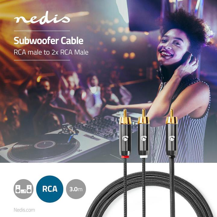 Actual product image Nedis Subwoofer Cable | RCA | 2x RCA Plug | Gold Plated | 3.00 m | Round | 4.5 mm | Grey / Gun Metal (3 m)