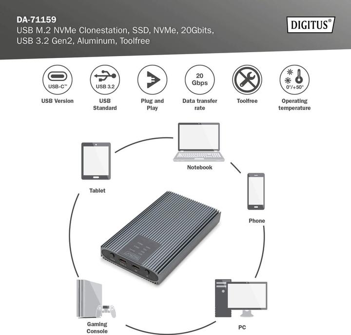 Immagine prodotto Digitus USB M.2 NVMe Clonestation, SSD, NVMe, 20Gbit, USB 3.2 Gen2, Alluminio, senza attrezzi (M.2 2280, M.2 2260, M.2 2242, M.2 2230)