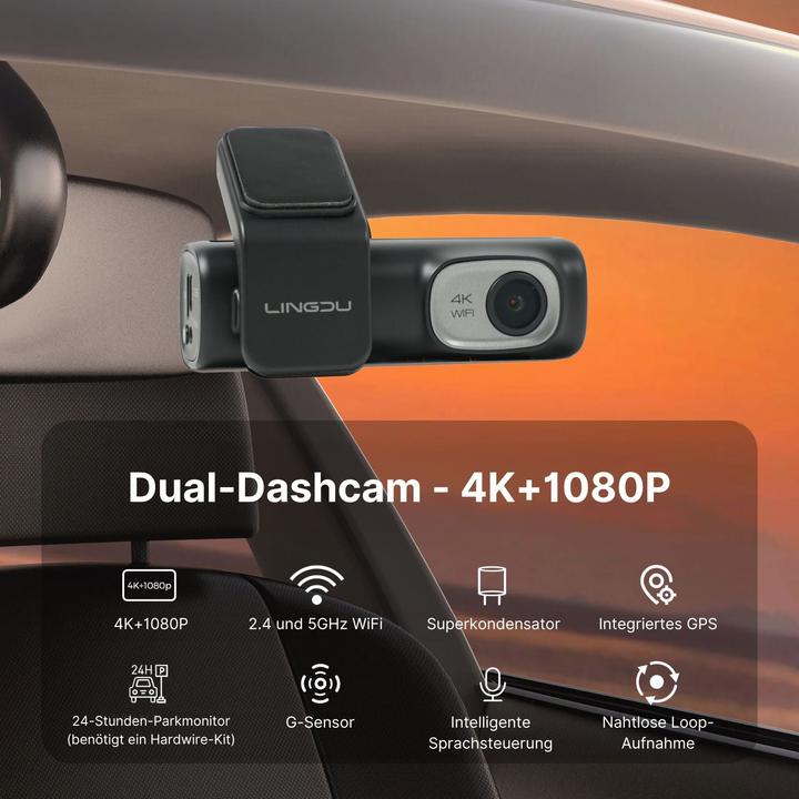 Actual product image Hermex 4K WiFi dual dashcam car front camera onboard camera car surveillance (Built-in microphone, Built-in display, Rechargeable battery, GPS receiver, Wi-Fi, 4K)