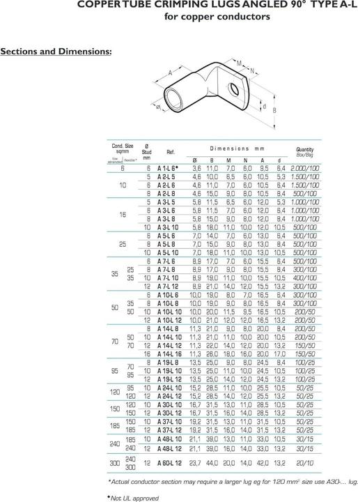 Image du produit Kalitec 10 pièces Cembre A5-L6 Cosse tubulaire coudée à 90° 25mm² M6 non isolée en cuivre étamé