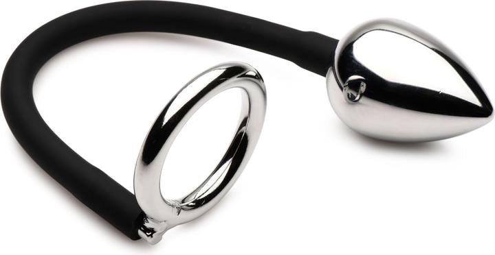 Produktbild Master Series XR Brands Tug + Plug Penis und Hodenring mit Analplug Schwarz & Silber (5 cm)