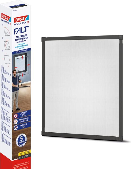 tesa FALT Insektenschutz für Fenster, grössenverstellbarer Alu-Rahmen, faltbar (140 x 140 cm)