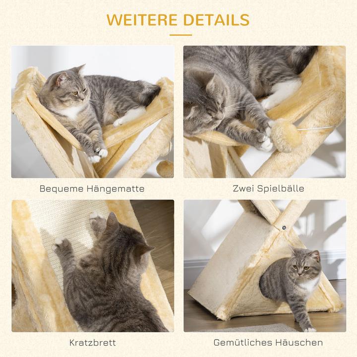 Produktbild PawHut Katzenturm mit Höhle und Hängematte (65 cm, Beige)