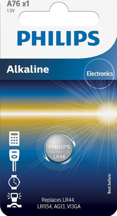 Produktbild Philips Alkali-Knopfzellenbatterie LR44 / 76A (1 Stk., LR44, 105 mAh)