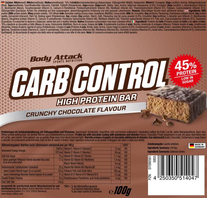 Produktbild Body Attack Carb Control (15x100g Riegel) (Blueberry Yoghurt, 15 Stk., 1500 g)